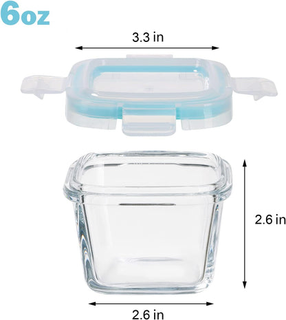 Small Glass Food Storage Containers Set of 12, 6oz Mini Glass Containers Airtight, Leakproof for Snacks, Dips, Overnight Oats, Condiment Salad Dressing Sauce, Microwave, Dishwasher Safe
