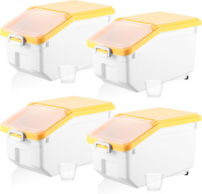 Sunnyray 4 Pcs Rice Storage Containers Bulk Flour Sugar Container Wheels Measuring Cups Set Airtight Pet Dog Cat Birds Food Bin Grain Cereal Organizer Box for Dry Baking (Beige,38 lb)