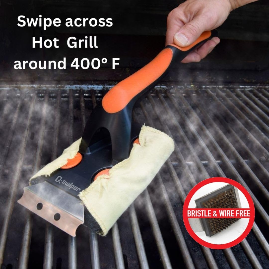 Proud Grill Q-Swiper XL Steam-Clean BBQ Grill Cleaner Set - 1 Bristle & Wire-Free Brush with Scraper, 2 Kevlar Steam Clean Cloths & 1 Water Tray, Grease & Grime Remover, Outdoor Barbecue Accessories