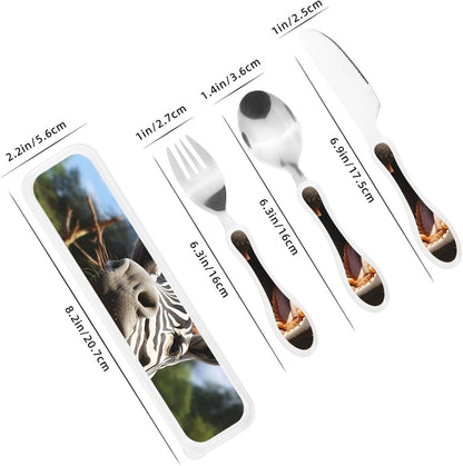 3-Piece Kids Silverware Set With Storage Case, Stainless Steel Reusable Children Safe Knife Spoon Fork Set African Lion Black And White Children Flatware Set For Kids Lunch Box