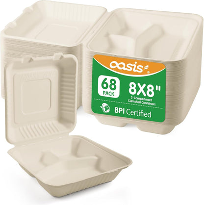 𝟴𝘅𝟴", 𝟲𝟴-𝗣𝗮𝗰𝗸 3-Compartment Clamshell Takeout Containers, 100% Compostable Heavy-Duty Disposable Paper Lunch Boxes(White)