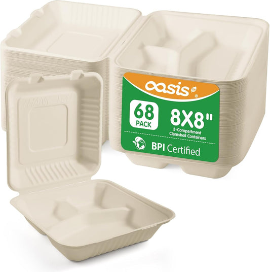 𝟴𝘅𝟴", 𝟲𝟴-𝗣𝗮𝗰𝗸 3-Compartment Clamshell Takeout Containers, 100% Compostable Heavy-Duty Disposable Paper Lunch Boxes(White)