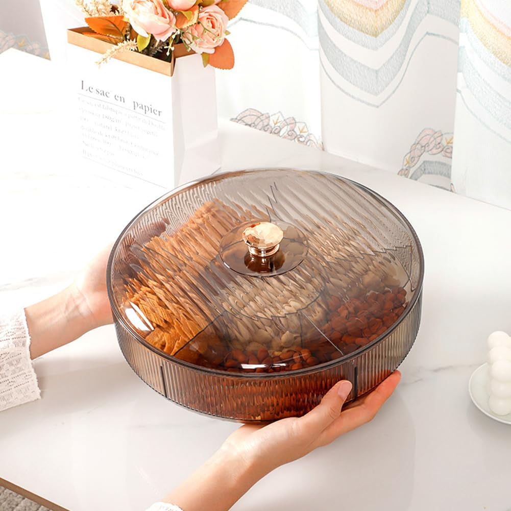 Divided Clear Snack Serving Tray with Lid, 6 Compartments Round Plastic Food Storage Organizer for Fruits, Nuts, Candies, Cookies, Stackable Snackle Box for Kitchen, Party and Picnic(Grey)