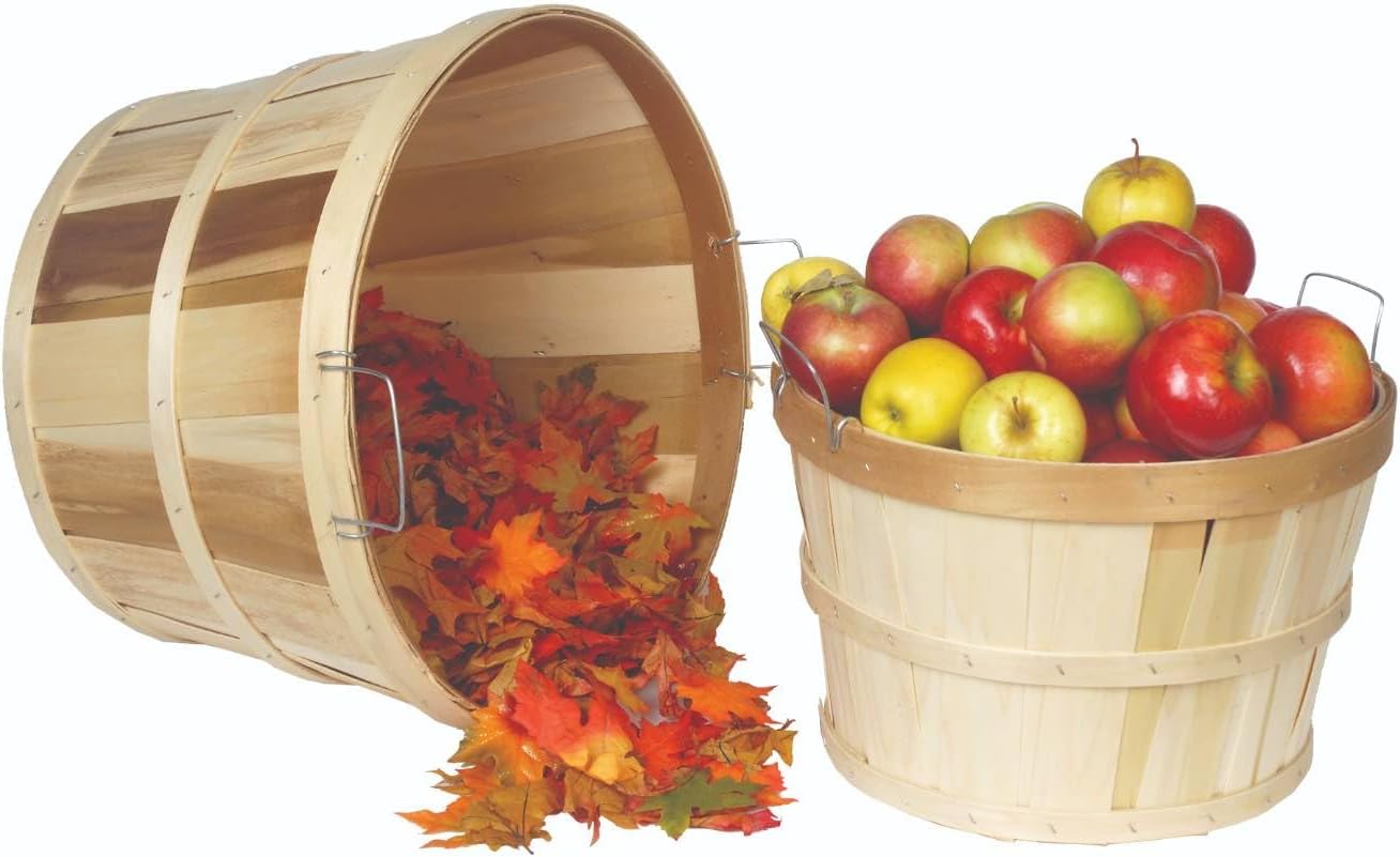 Lehman's Handcrafted Storage Baskets, Vintage Style USA Made Poplar Wood with Wire Handles, Set of 2 with One Bushel and One Half Bushel Basket