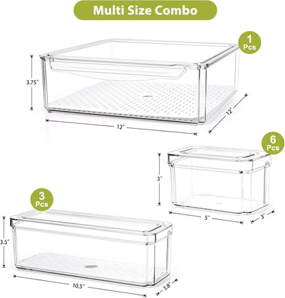 14 Pack Fridge Organizer, Stackable Refrigerator Organizer Bins with Lids PBA-Free, Clear Fridge Organizers and Storage for Kitchen, Countertops, Cabinets, Fridge, Drinks, Fruits, Vegetable, Cereals