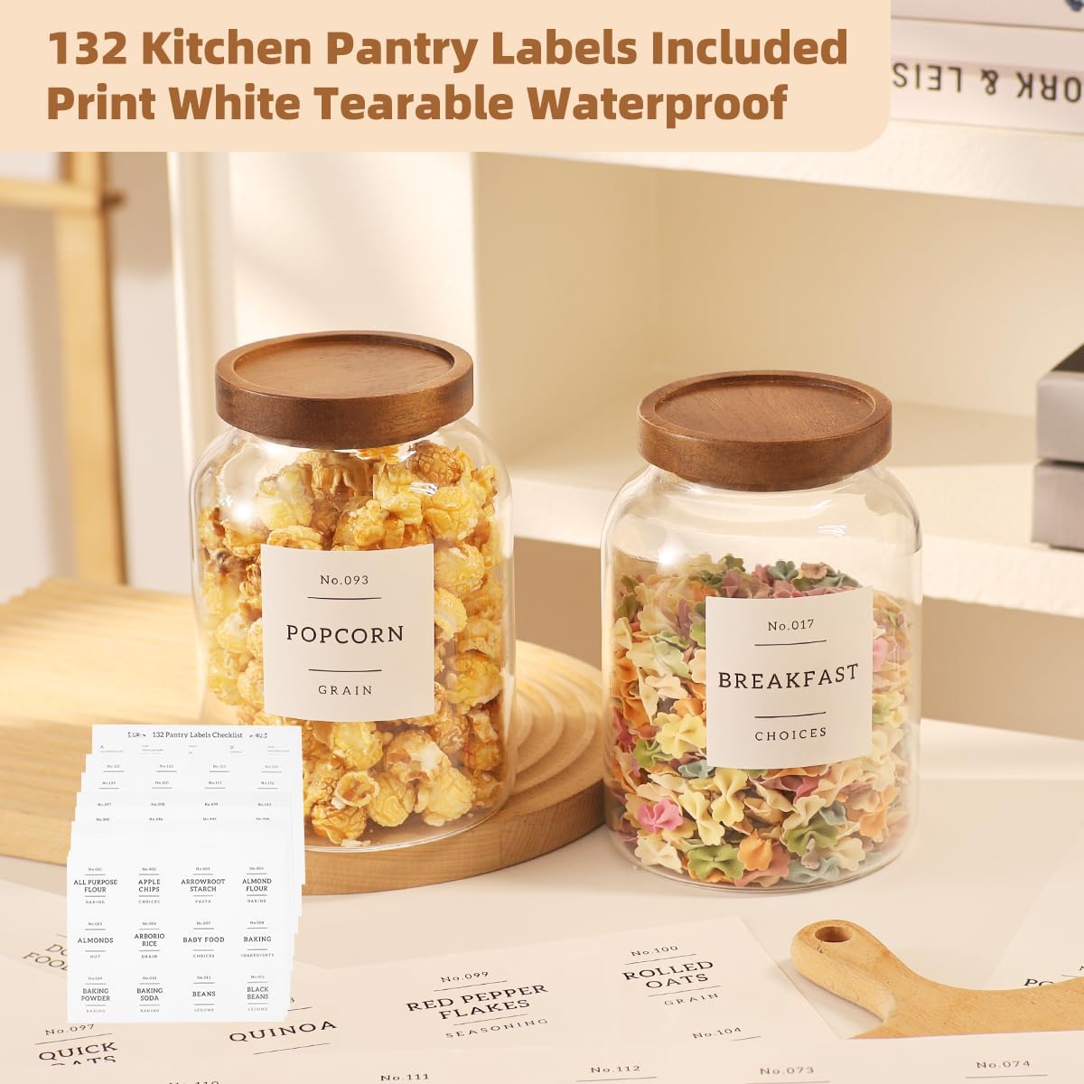 2 Pack Large Glass Flour and Sugar Storage Containers with Airtight Acacia Wood Lids and 132 Kitchen Pantey Labels Preprint - 1 Gallon Borosilicate Glass Canister Sets for Food,Pasta,Cookie,Rice