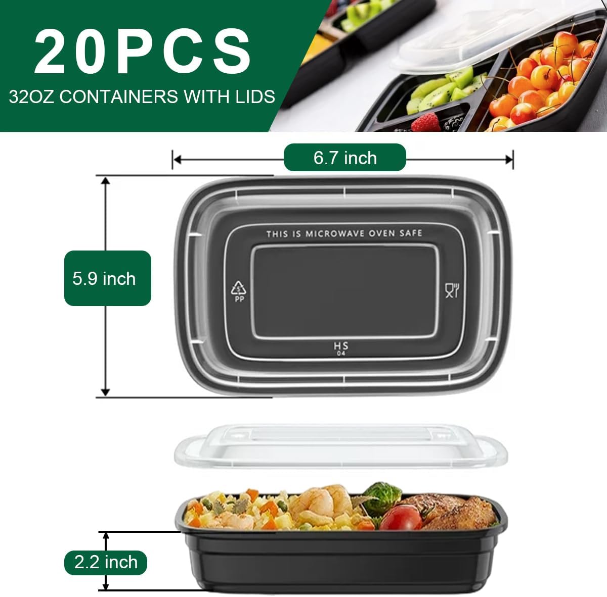 Meal Prep Containers [20 Pack] 1 Compartment 32OZ Food Storage Containers with Lids, Reusable Bento Boxes, BPA Free, Stackable, Microwave/Dishwasher/Freezer Safe