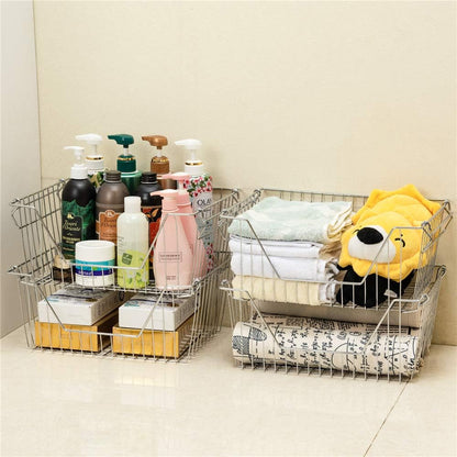 Stackable Wire Metal Baskets Sturdy Cabinet Organizer Wire Pantry Freezer Bin with Handle for Kitchen Fruit Vegetable Organization, Black, 3Packs