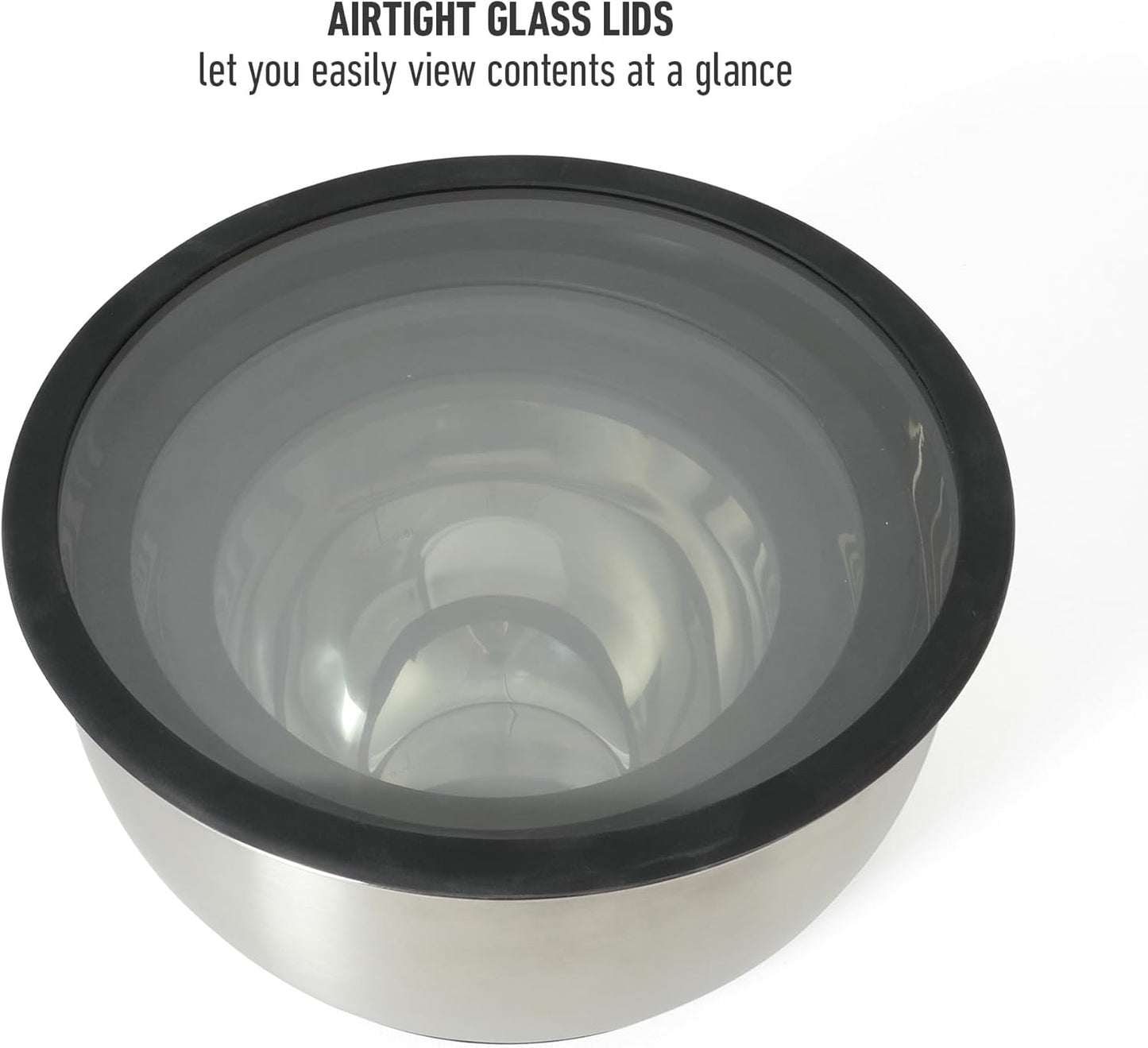 Calphalon Mixing Bowl Set, Stainless Steel Mixing Bowls With Lids, 3-Piece Stainless Steel Mixing Bowls with Glass Lids & Non-Slip Silicone Base, Prep and Storage Bowls Dishwasher Safe