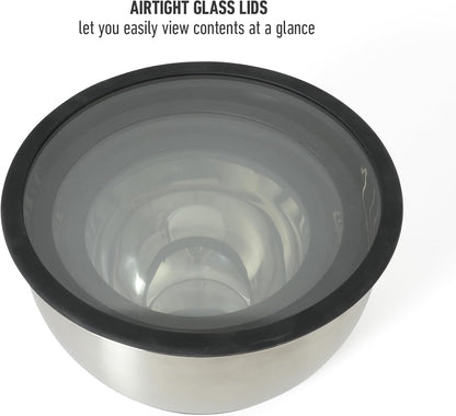 Calphalon Mixing Bowl Set, Stainless Steel Mixing Bowls With Lids, 3-Piece Stainless Steel Mixing Bowls with Glass Lids & Non-Slip Silicone Base, Prep and Storage Bowls Dishwasher Safe