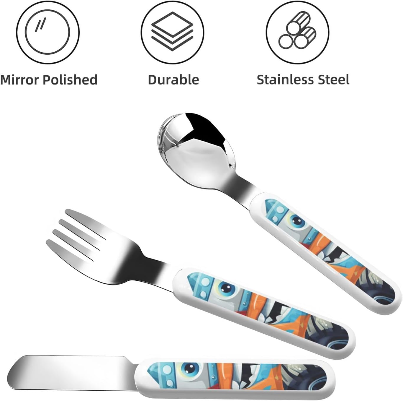 3-Piece Kids Silverware Set With Storage Case, Stainless Steel Reusable Children Safe Knife Spoon Fork Set Cute Monster Trucks Children Flatware Set For Kids Lunch Box