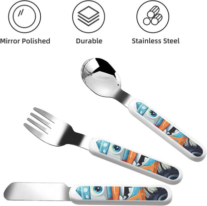 3-Piece Kids Silverware Set With Storage Case, Stainless Steel Reusable Children Safe Knife Spoon Fork Set Cute Monster Trucks Children Flatware Set For Kids Lunch Box