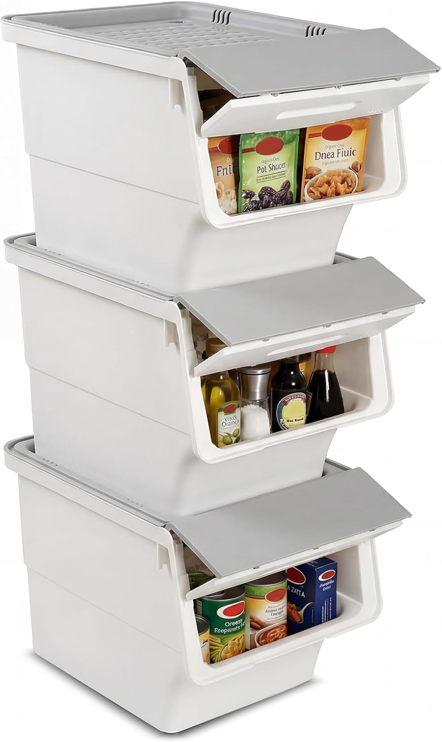 Giantex Plastic Stackable Storage Bins with Lids & Wheels, 3 Pack Open Front Stacking Bins, Organizer Bins for Pantry, Kitchen, Laundry, Closet, Playroom, Bedroom Organization (12.5 QT)