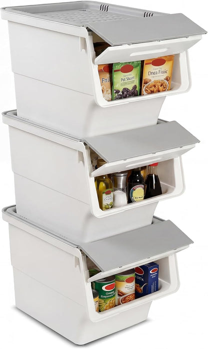 Giantex Plastic Stackable Storage Bins with Lids & Wheels, 3 Pack Open Front Stacking Bins, Organizer Bins for Pantry, Kitchen, Laundry, Closet, Playroom, Bedroom Organization (12.5 QT)