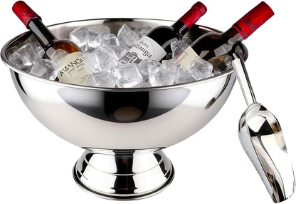 Large Ice Bucket 13L Stainless Steel Champagne Bowl Ice Bucket with Ice Scoop Semicircle Drink Tub with Integrated Base Silver Beverage Tub for Parties, Cocktail Bar, Chilling Wine (1 Pack-Silver)