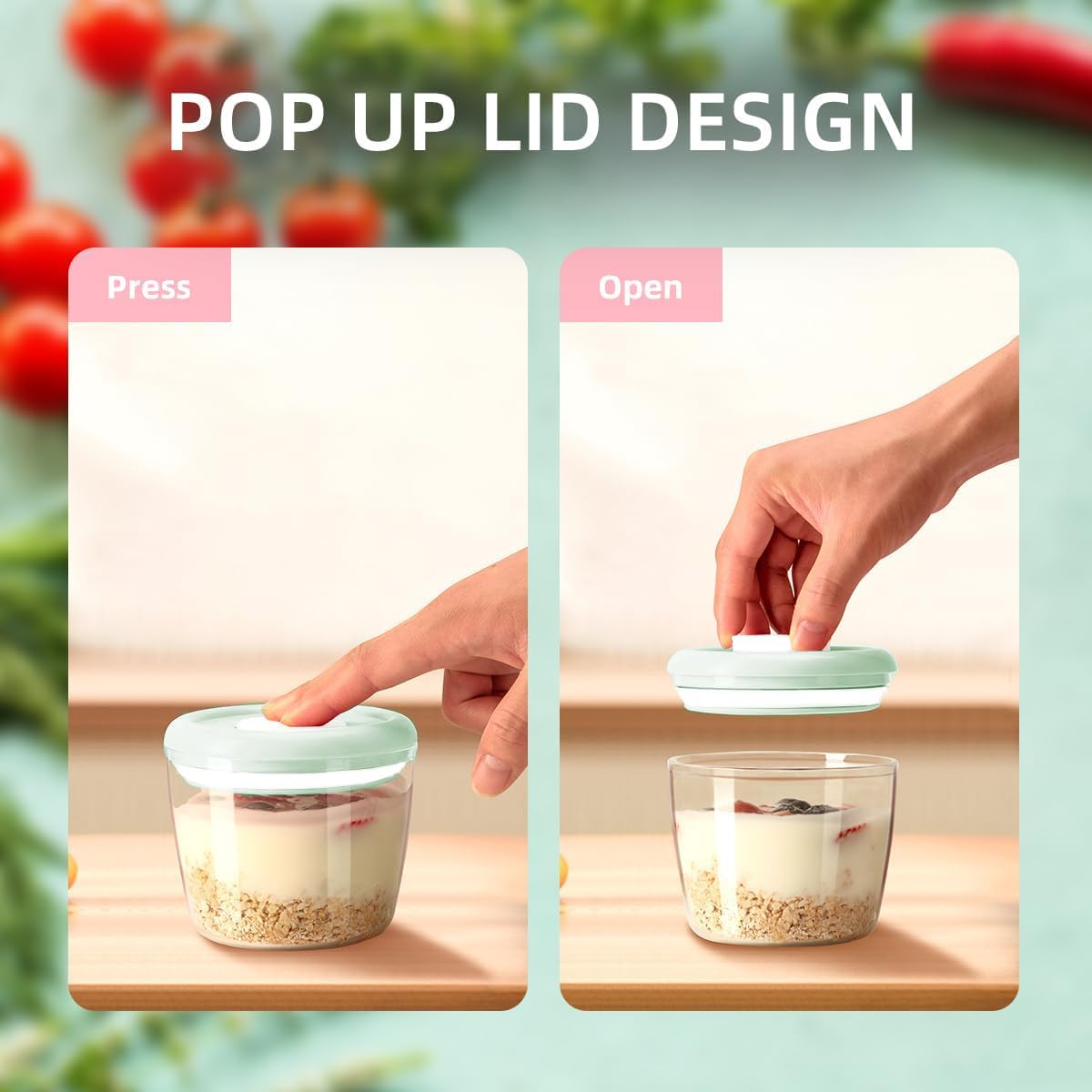 Glass Overnight Oats Containers with Lids, Meal Prep Containers Airtight Food Storage Containers Wide Mouth Snack Jars, Leakproof BPA-Free Pop Lid Bowl for Breakfast Leftovers 14oz 400ml Set of 4