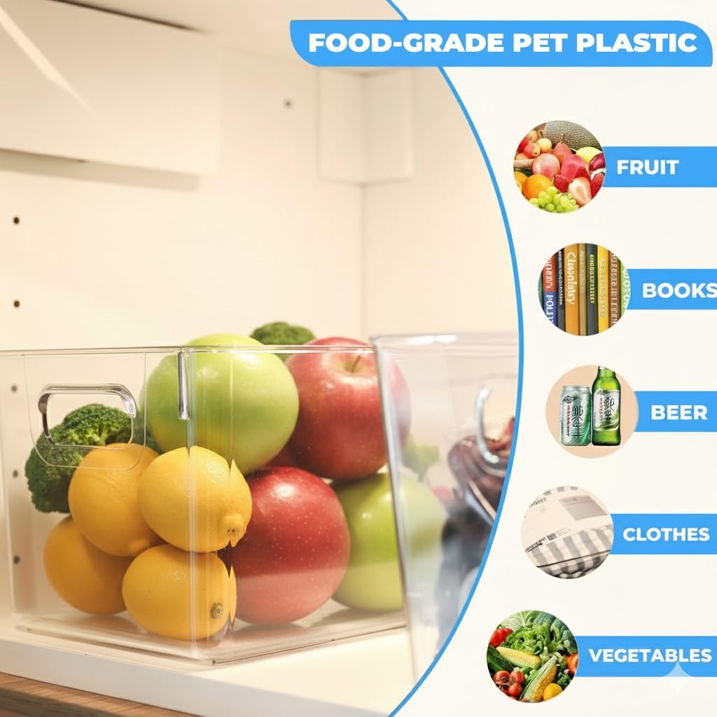 MOONEDGE Large Clear Plastic Storage Bins 4 Pack, 12" x 8" x 6" Stackable & Durable Organizers for Kitchen, Pantry, Refrigerator & Bathroom – Food Safe, Easy to Clean, Ideal for Home Organization