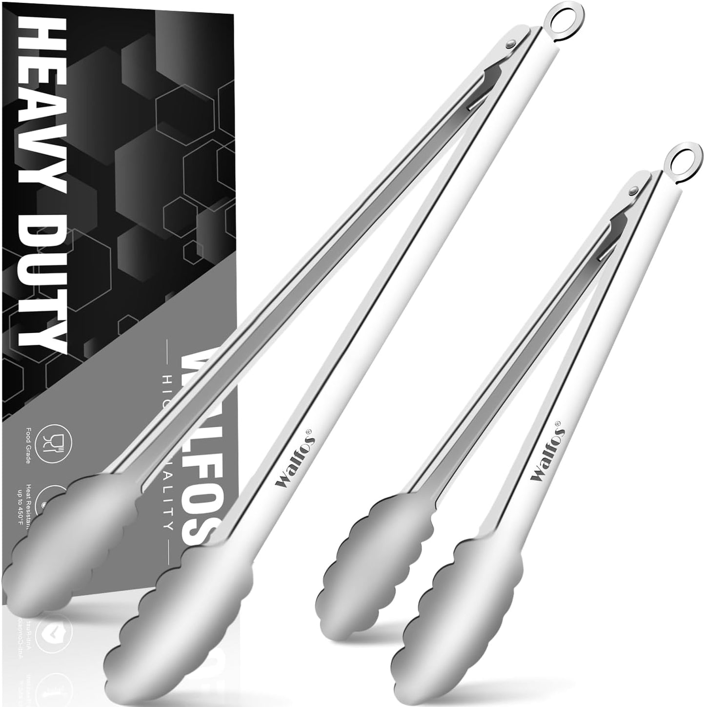 Walfos Kitchen Tongs for Cooking, 600℉ Heat Resistant Stainless Steel Tongs, All Metal Heavy Duty Tongs For Food ,BBQ Grilling - 7 ，9 and 12 Inch ,Set of 3