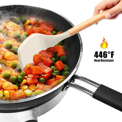 oannao Silicone Cooking Utensils Set - 446°F Heat Resistant Silicone Kitchen Utensils for Cooking,Kitchen Utensil Spatula Set w Wooden Handles, BPA FREE Gadgets for Non-Stick Cookware (Khaki)