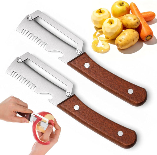 2pcs Vegetable Peeler Set - 2-in-1 Fruit and Potato Peeler with Bottle Opener, Stainless Steel Blade and Wooden Handle, for Food Prep - 7.48X1.50X0.67