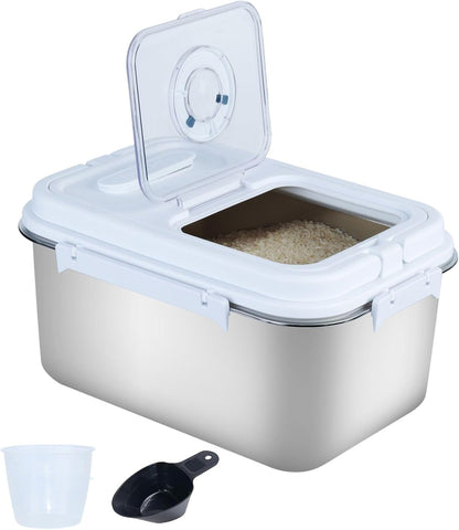 15Lbs Airtight Rice Container with Flip Lid, Stainless Steel Food Storage Container with Date Tracker, Measuring Cup and Spoon, 7.5L Portable Kitchen Pantry Bin for Flour Grain Sugar - Silver