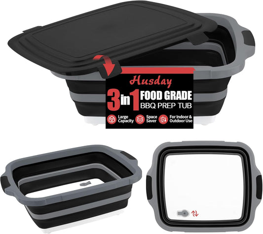XL Collapsible BBQ Prep Tub with Lid (4.22 Gal / 16L) – Foldable Cutting Board Basin, Camping Sink & Food Storage Bin, Multipurpose Dish Tub for Meat, Fruit, Vegetables – Black