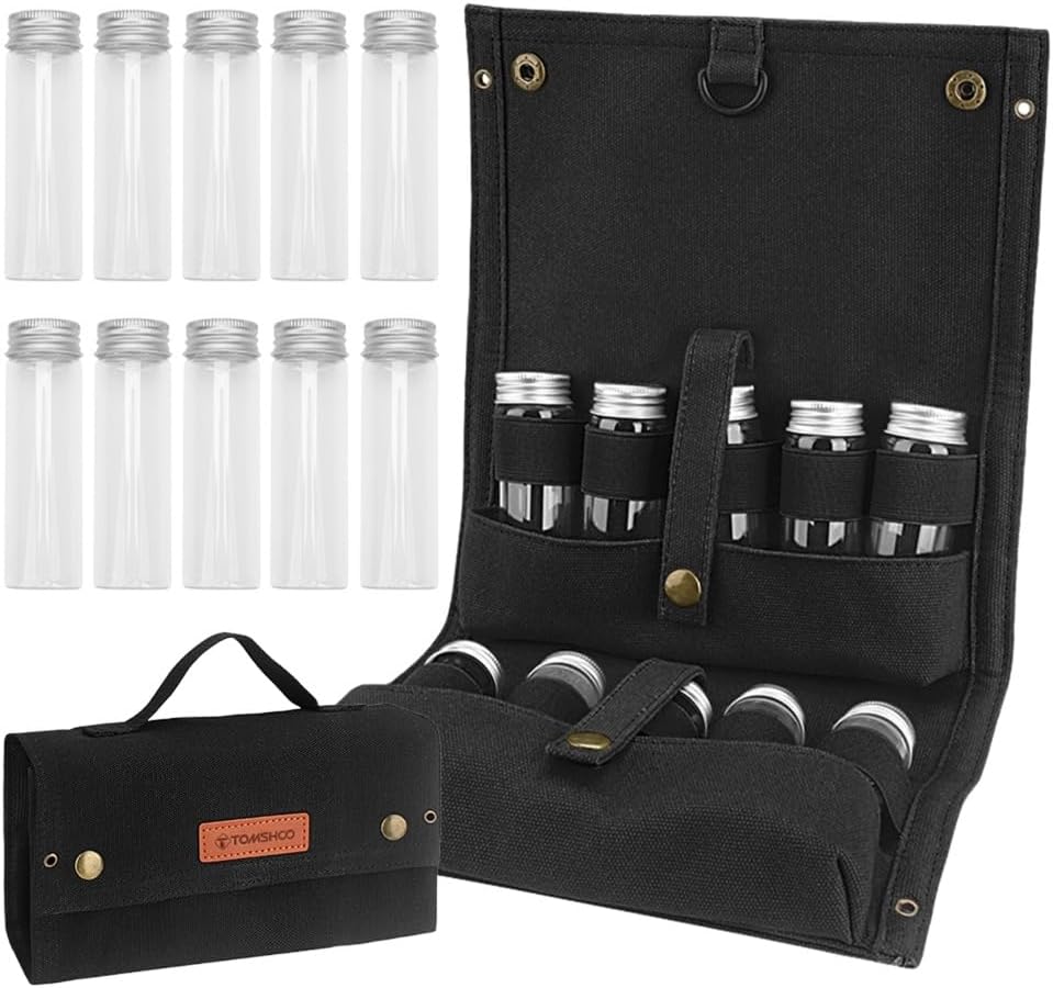 Portable Spice Bag, Travel Spice Kit with 10 Spice Jars, Foldable Compact Seasoning Storage Bag Condiment Organizer for Outdoor BBQ, Picnic and Cooking(Black)