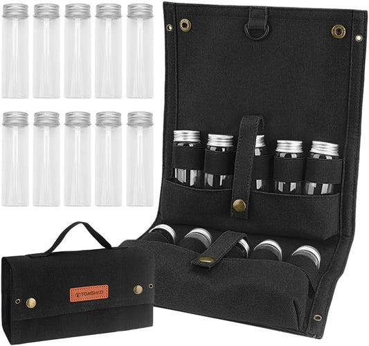 Portable Spice Bag, Travel Spice Kit with 10 Spice Jars, Foldable Compact Seasoning Storage Bag Condiment Organizer for Outdoor BBQ, Picnic and Cooking(Black)
