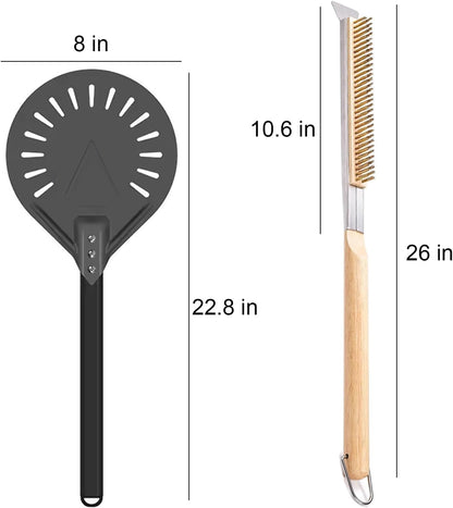 Pizza Oven Accessories Kit w/Pizza Oven Brush & Stone Scraper, 8 inch Pizza Turning Peel - Tools & Supplies Set - Compatible with Outdoor Ooni, Gozney, Ninja, Solo Ovens