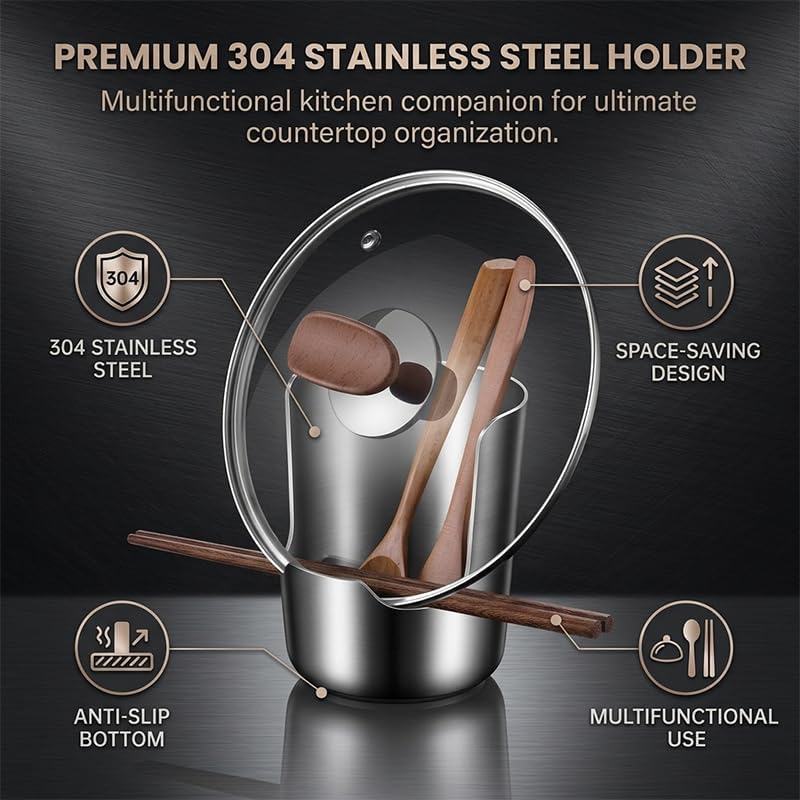 Spoon Rest with Pot Lid Holder, Stainless Steel Vertical Rack