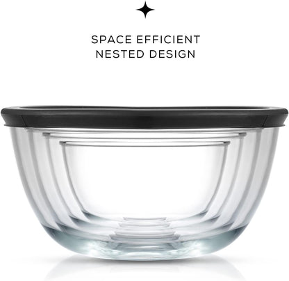 JoyJolt Kitchen Mixing Bowls - 8pc Glass with Lids Set – Neat Nesting Large Bowl Batter Cooking Storage and Big Salad BPA-Free Black