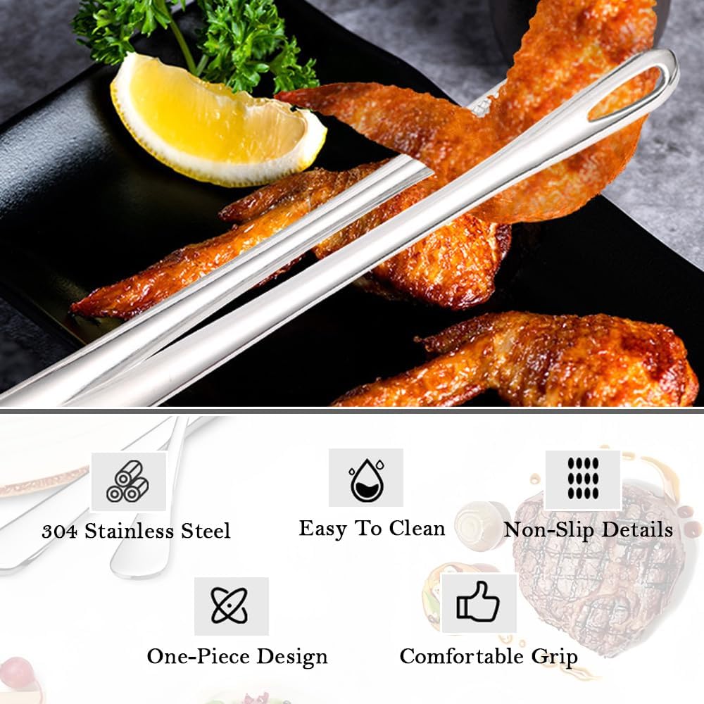 2PCS Kitchen Tongs Tweezers for Cooking 9.6 Inch 304 Stainless Steel Korean BBQ Grill Tongs Silver Heat Resistant Cooking Tongs for Salad Fish Steak Barbecue Buffet Meat Serving