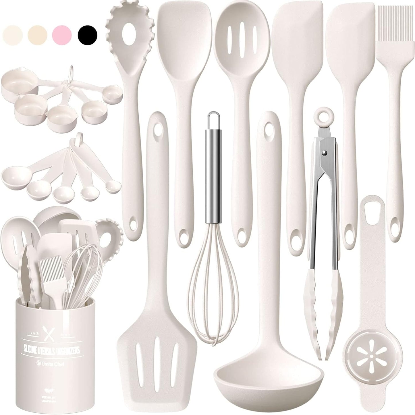 Umite Chef 22-Piece Silicone Cooking Utensils Set，Heat Resistant & Dishwasher Safe Kitchen Tools, Black Non-Scratch Spatula Set for Nonstick Cookware (Khaki)