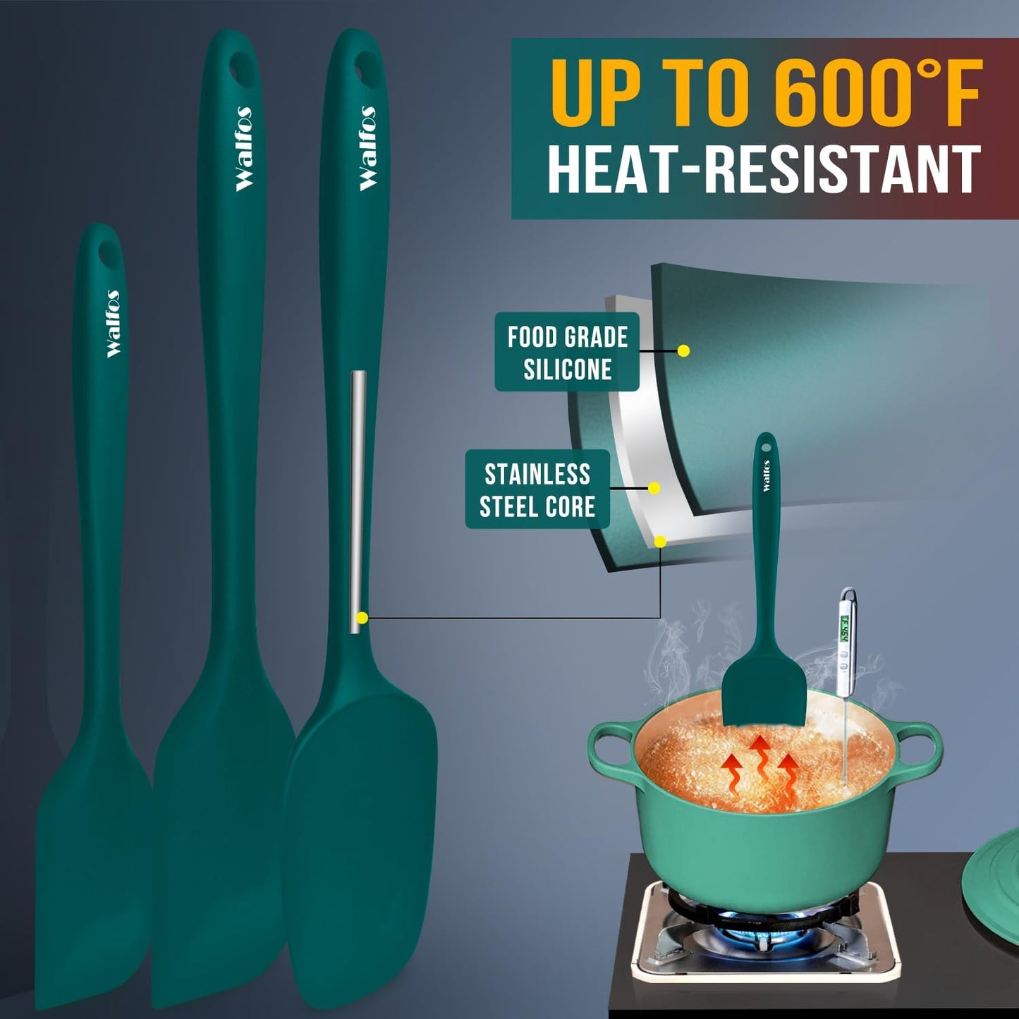 Walfos 600°F High Heat Resistant Silicone Spatula Set of 5- Food Grade Rubber Spatula Set for Baking Cooking & Mixing - BPA Free, Non Stick and Dishwasher Safe,black