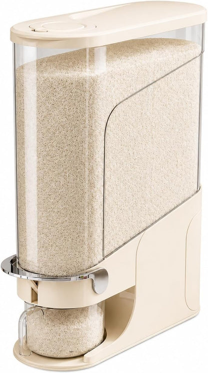Rice Dispenser 11 Lb, Slim Rice Storage Container with Double Sealing Strip, Press to Dispense Cereal Container Airtight for Kitchen Pantry Organization, (Ivory White-11lb)