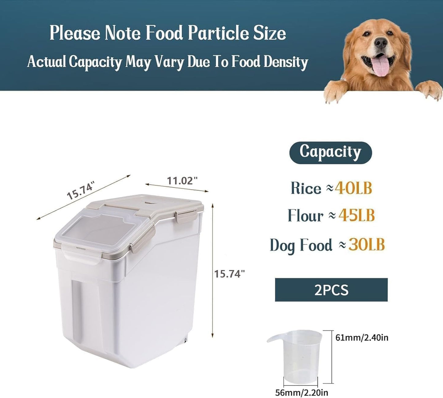 AnRui Airtight Flour Storage Container 25lb, Plastic Grain Storage Bucket, Rice Cereal Dispenser Organizer Box with Lid, Cat Dog Food Storage Bin with Measuring Cup, Scoop, Wheels, 2Pcs Green