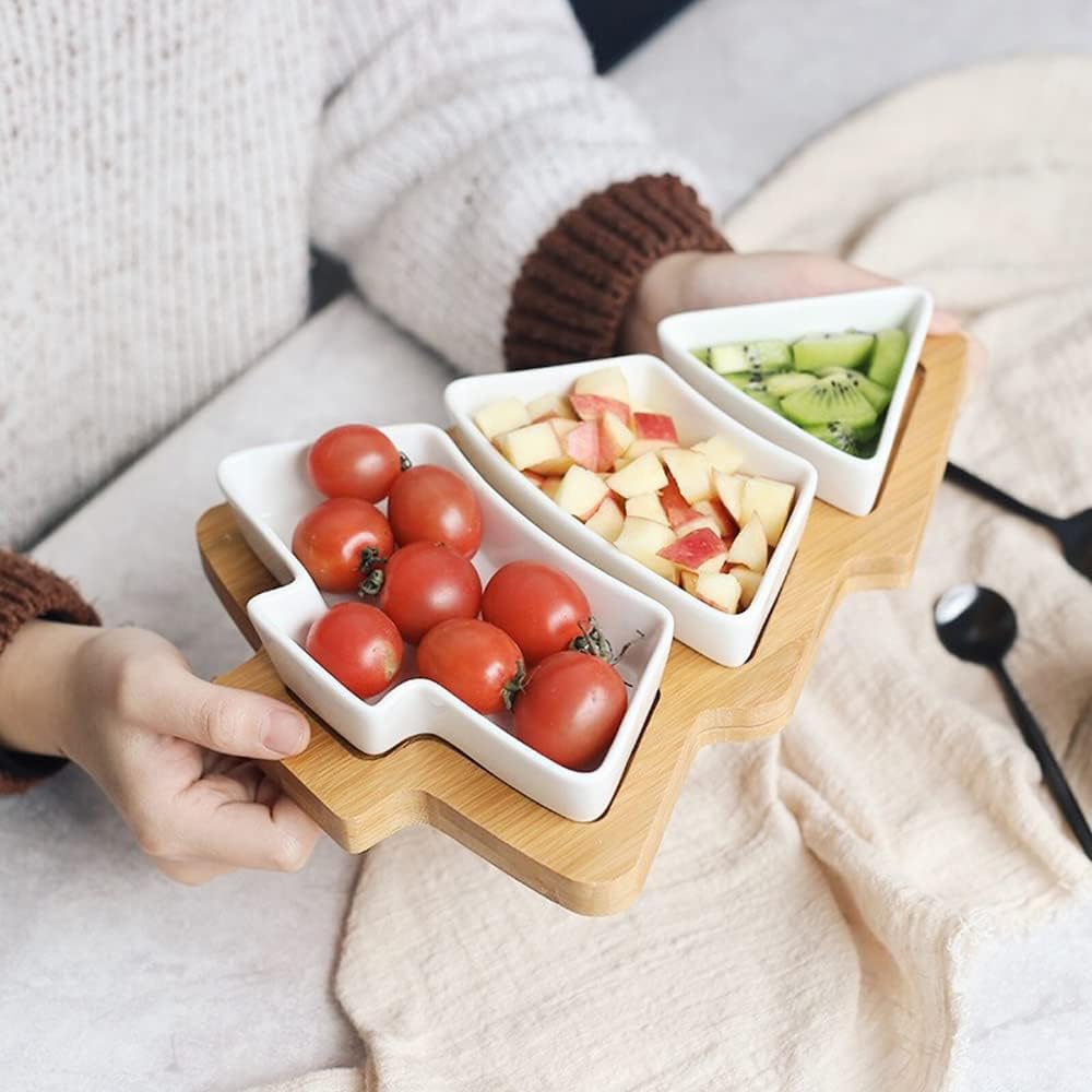 White Tree Plates Chip & Dip Set, 11 Inches Ceramic Snack Plate with Bamboo Tray, Removable Porcelain Christmas Tree Appetizer Dessert Fruit Salad Saucers Bowl, Cutlery Platter Serving Dish