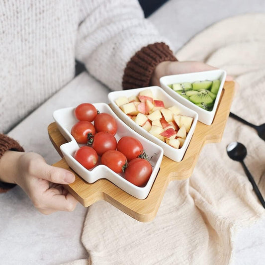 White Tree Plates Chip & Dip Set, 11 Inches Ceramic Snack Plate with Bamboo Tray, Removable Porcelain Christmas Tree Appetizer Dessert Fruit Salad Saucers Bowl, Cutlery Platter Serving Dish