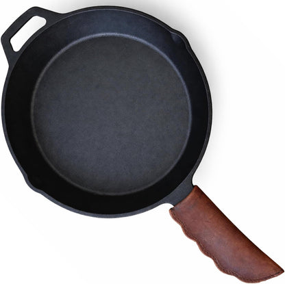 Leather Cast Iron Skillet Handle Cover, Heat Resistant Pan Grip Sleeve for Frying Pans, Dutch Oven & Griddles, Safe Non-Slip Cooking Handle Protector, Brown (Handle Cover Curve)