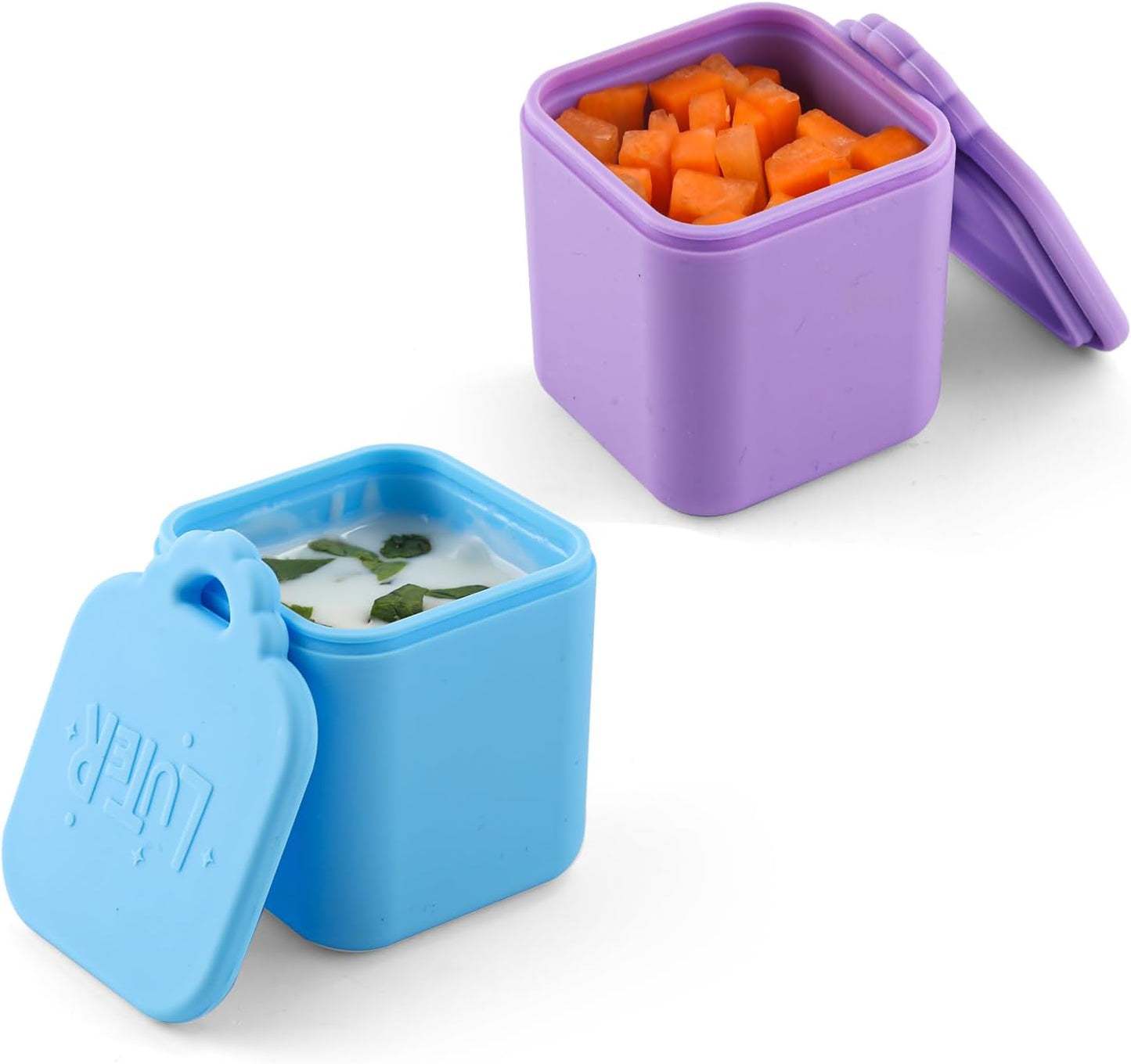 2PCS Dip Containers Compatible with, 4oz Silicone Salad Dressing Container To Go for Most Bento Lunch Box Condiment Dipping Sauce Cups with Lids for Kids School Picnic Travel (Orange, Purple)