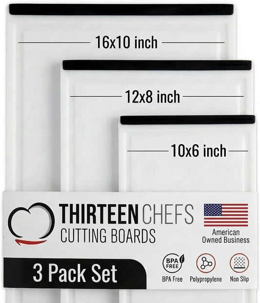 Thirteen Chefs Non Slip Cutting Board 3 Pack Set for Kitchens with Groove - BPA Free and Dishwasher Safe with 16, 12 and 10 Inch Sizes
