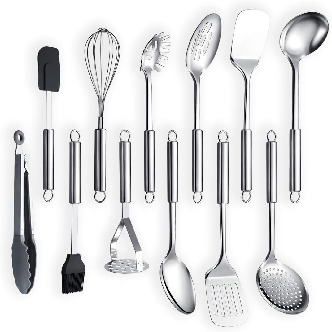Berglander Cooking Utensil Set 13 Piece Stainless Steel Kitchen Tool Set with Holder, Include Cooking Spoon, Spatula, Whisk, Cooking Tong and etc. (13 Pieces)