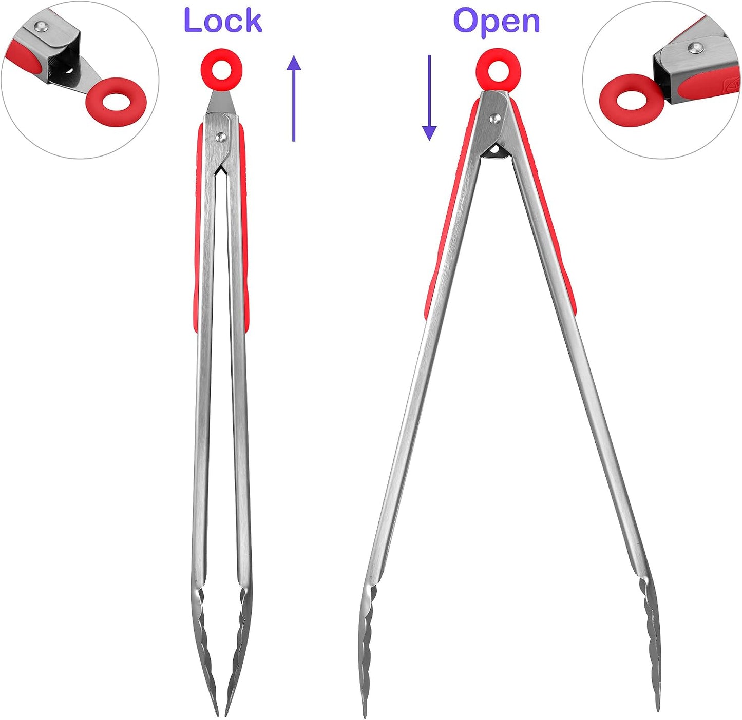 304 Stainless Steel Kitchen Cooking Tongs, 9" and 12" Set of 2 Sturdy Grilling Barbeque Brushed Locking Food Tongs with Ergonomic Grip, Black