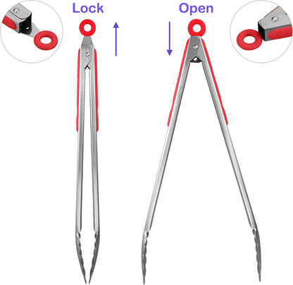 304 Stainless Steel Kitchen Cooking Tongs, 9" and 12" Set of 2 Sturdy Grilling Barbeque Brushed Locking Food Tongs with Ergonomic Grip, Black