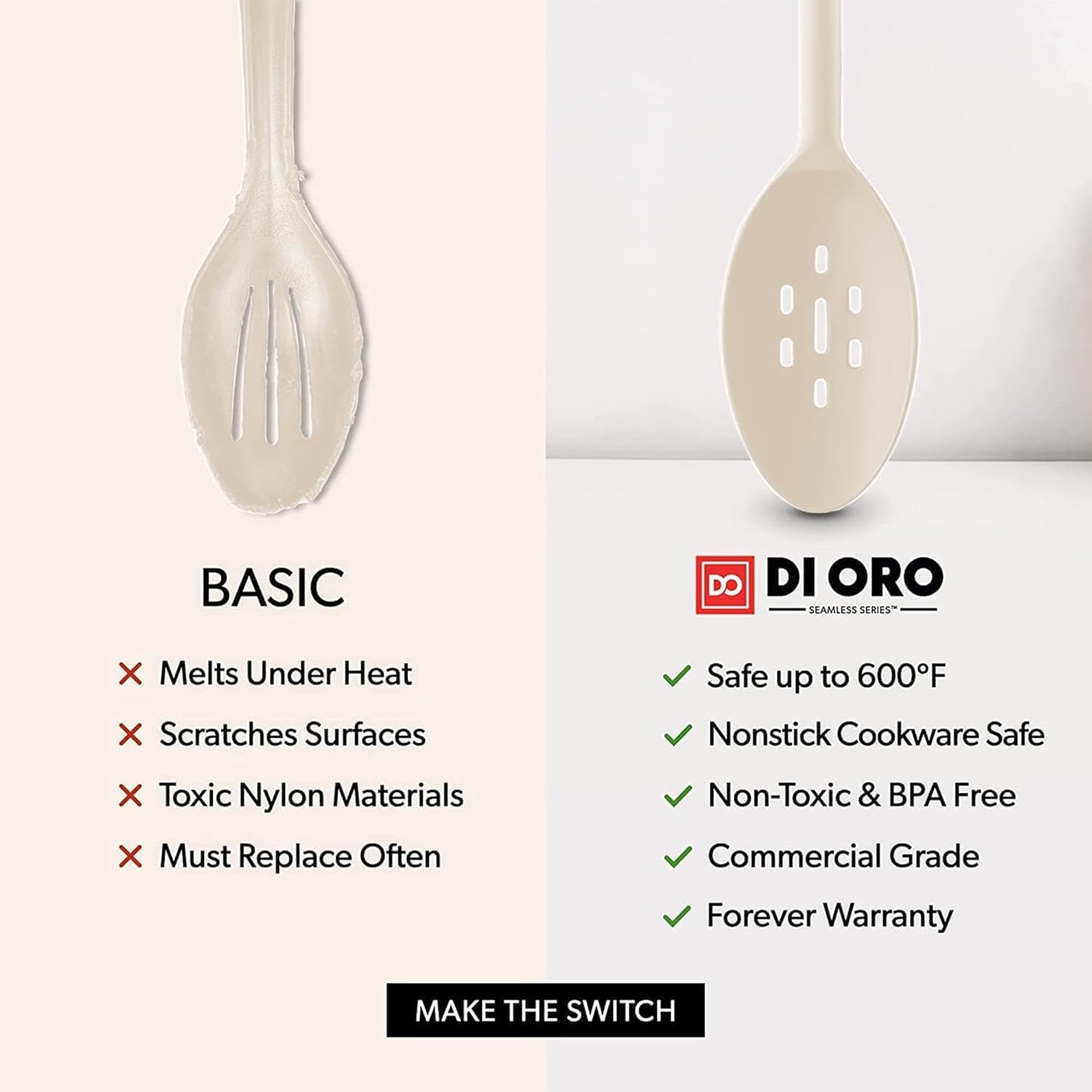 DI ORO Silicone Spoons for Cooking - Large Kitchen Spoons for Mixing, Serving, & Stirring - 600°F Heat-Resistant Non Stick Utensils – Big Solid & Slotted - Dishwasher Safe (2pc, Black)