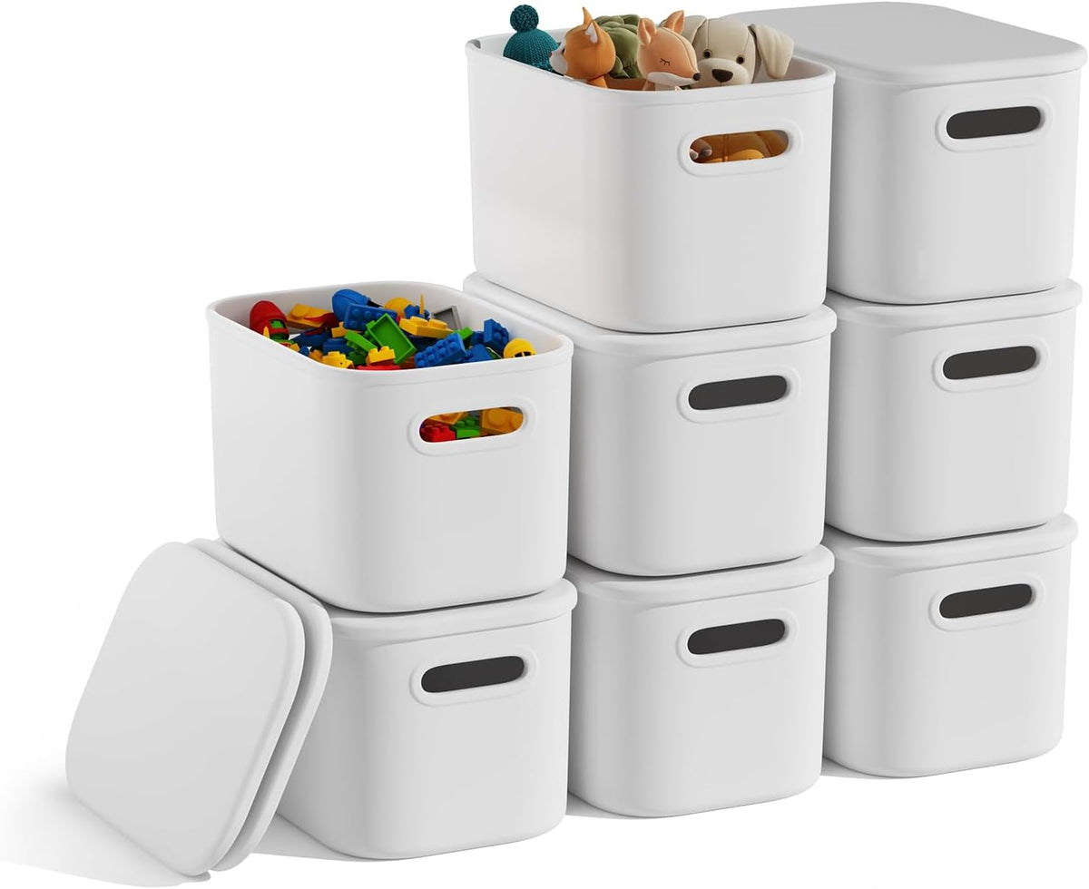 8 Pack White Storage Bins with Lids for Shelves, White Storage Containers with Lids for Organizing, Storage Box with Handle, Stackable White Plastic Bin for Classroom, Craft, Snacks