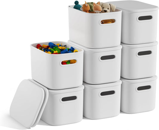 8 Pack White Storage Bins with Lids for Shelves, White Storage Containers with Lids for Organizing, Storage Box with Handle, Stackable White Plastic Bin for Classroom, Craft, Snacks