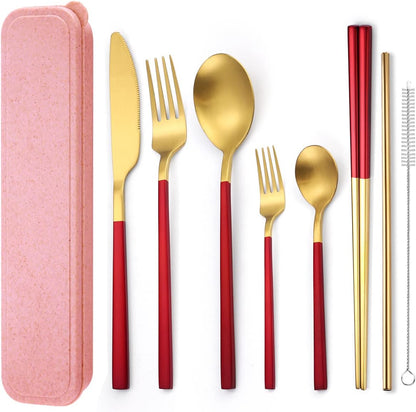 AARAINBOW 8 Pieces Stainless Steel Flatware Set Portable Reusable Cutlery Set Travel Utensils Set Including Chopsticks Knife Fork Spoon Straws Cleaning Brush Dishwasher Safe (Pink Golden)