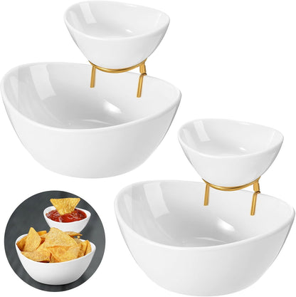 2 Set Chip and Dip Serving Set 2 Tier Chip and Dip Serving Dish Porcelain Appetizer Bowl and Platter with Stand for Food Taco Bar Salad Display Dessert Entertaining Party(Black,Classic Style)