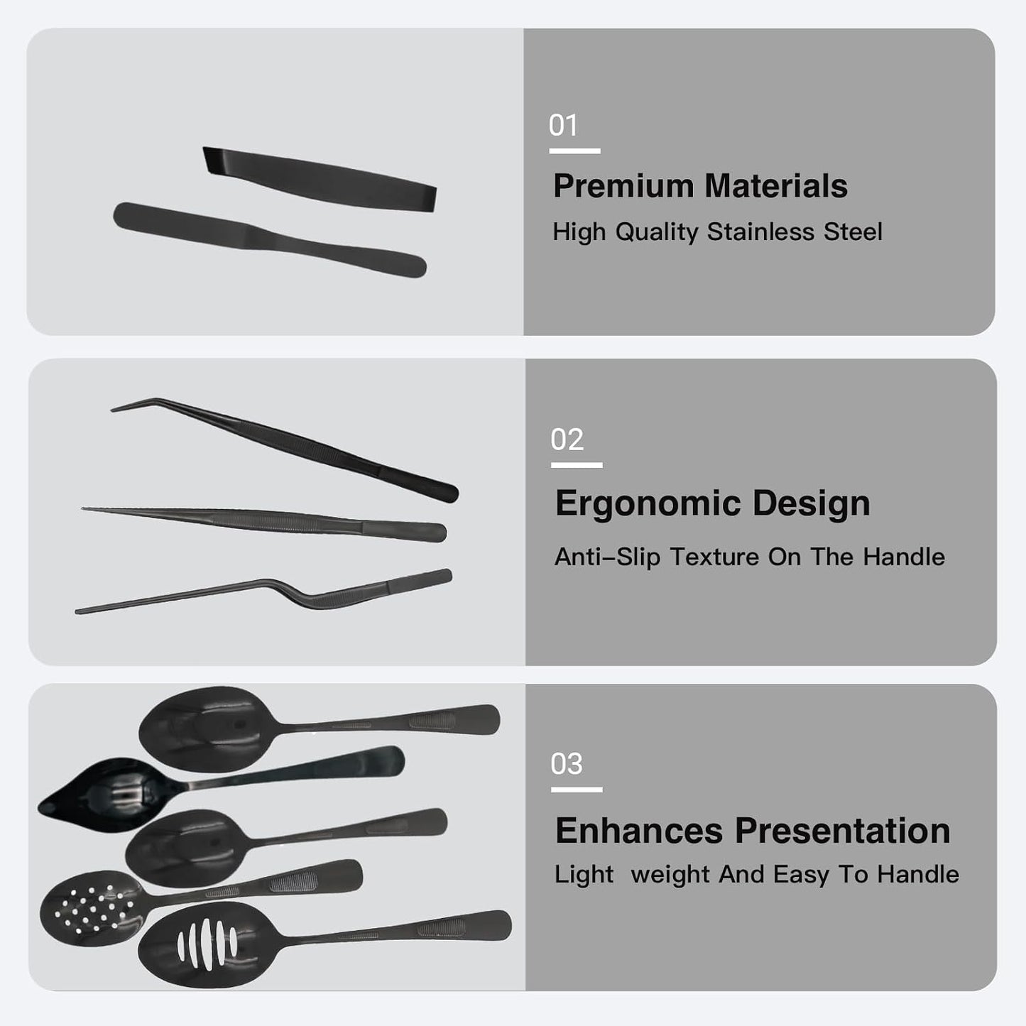 Professional Chef Tools | Plating Tools Culinary Set | Piece Culinary Tool Set | Premium Stainless Steel Chef's Plating Tool Set | Kitchen Tweezers & Fish tongs & Spatula & Slotted Spoon (Black) (5)
